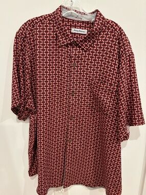 Tommy Bahama Pure Silk RUMBA Camp Shirt Mens XL Deep Red Black Geometric Print